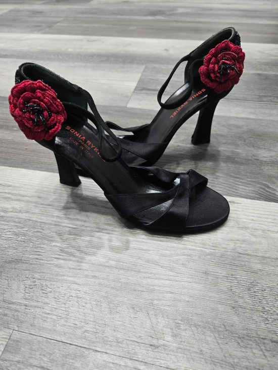 Sonia Rykiel Shoes - Sonia Rykiel Black Satin Heels with Red Floral Accent